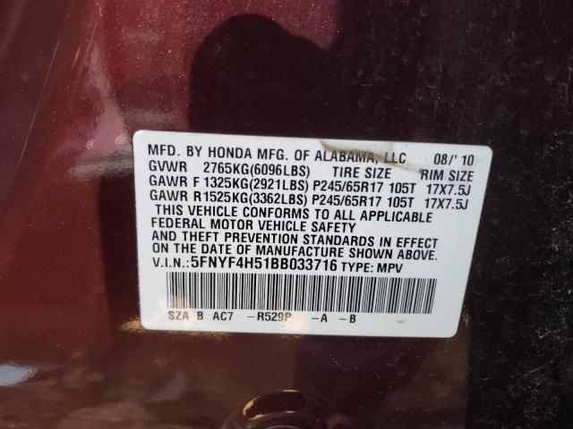 Photo 10 from auction – 2011 HONDA PILOT EXL with VIN 5FNYF4H51BB033716