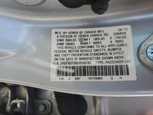 Photo 10 from auction – 2012 HONDA CIVIC LX with VIN 2HGFB2F56CH559783