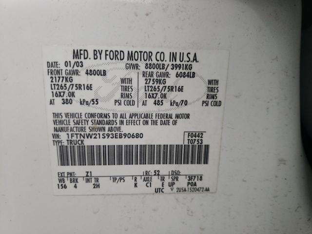 Photo 10 from auction – 2003 FORD F250 SUPER with VIN 1FTNW21S93EB90680