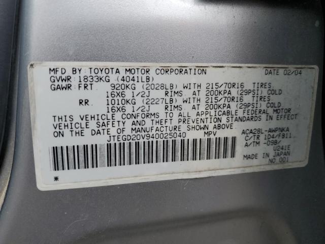 Photo 10 from auction – 2004 TOYOTA RAV4 with VIN JTEGD20V940025040