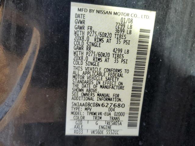 Photo 10 from auction – 2008 NISSAN ARMADA SE with VIN 5N1AA08C08N627680