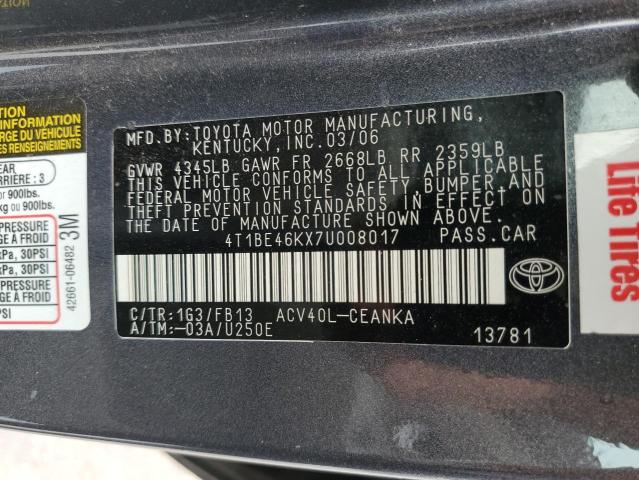 Photo 10 from auction – 2007 TOYOTA CAMRY with VIN 4T1BE46KX7U008017
