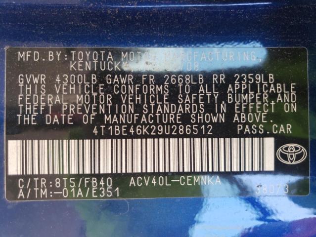 Photo 10 from auction – 2009 TOYOTA CAMRY BASE with VIN 4T1BE46K29U286512