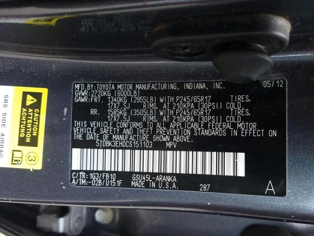 Photo 10 from auction – 2012 TOYOTA HIGHLANDER with VIN 5TDBK3EH0CS151103