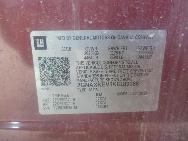 Photo 10 from auction – 2019 CHEVROLET EQUINOX LT with VIN 2GNAXKEV3K6183086