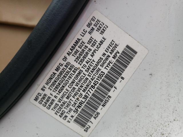 Photo 10 from auction – 2007 HONDA ODYSSEY EX with VIN 5FNRL38777B451553