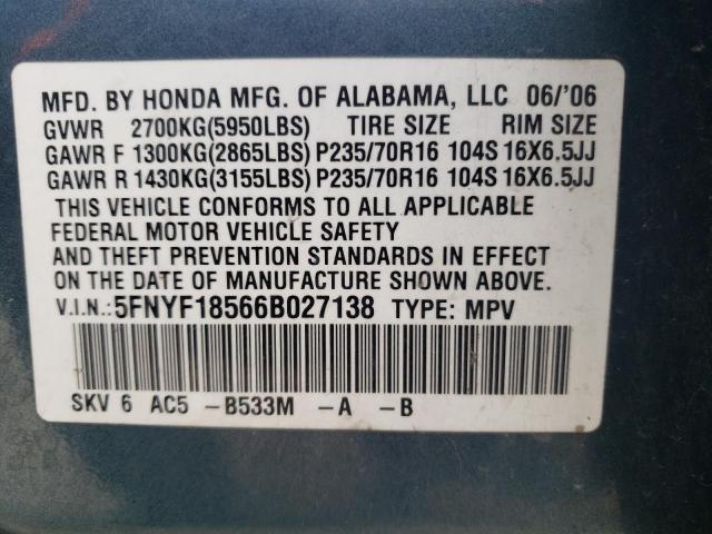 Photo 10 from auction – 2006 HONDA PILOT EX with VIN 5FNYF18566B027138