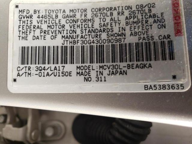 Photo 10 from auction – 2003 LEXUS ES 300 with VIN JTHBF30G430090987