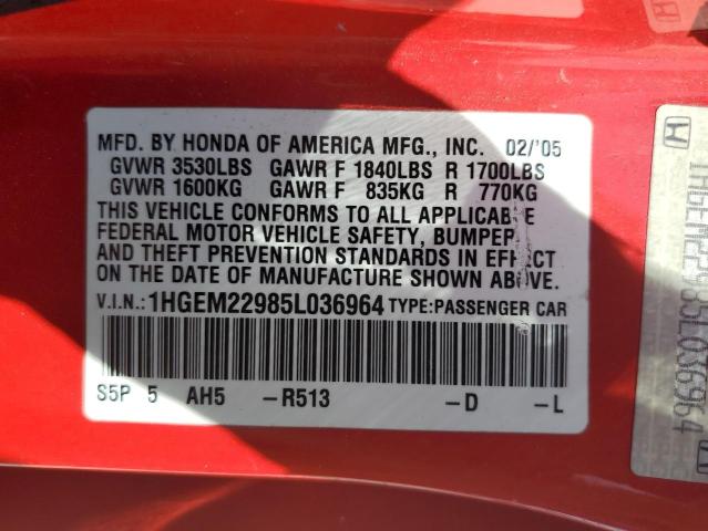 Photo 10 from auction – 2005 HONDA CIVIC with VIN 1HGEM22985L036964