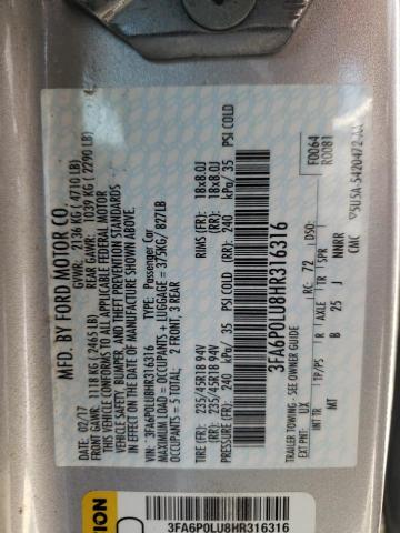 Photo 10 from auction – 2017 FORD FUSION SE with VIN 3FA6P0LU8HR316316