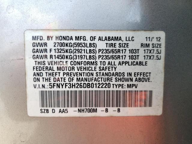 Photo 10 from auction – 2013 HONDA PILOT LX with VIN 5FNYF3H26DB012220
