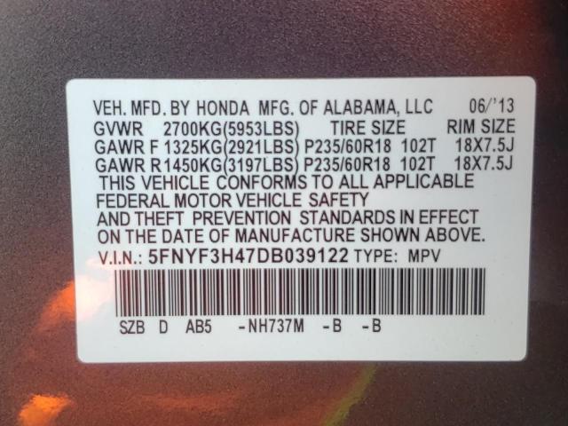 Photo 10 from auction – 2013 HONDA PILOT EX with VIN 5FNYF3H47DB039122