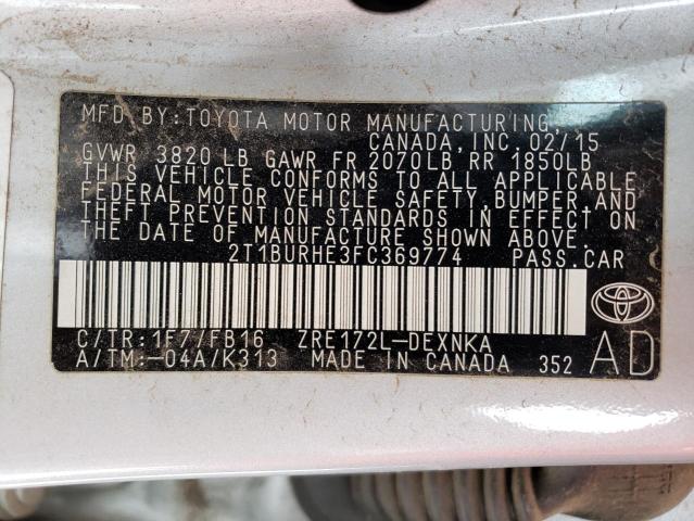 Photo 10 from auction – 2015 TOYOTA COROLLA L with VIN 2T1BURHE3FC369774