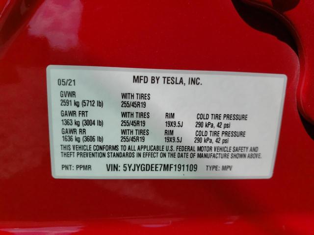 Photo 10 from auction – 2021 TESLA MODEL Y with VIN 5YJYGDEE7MF191109