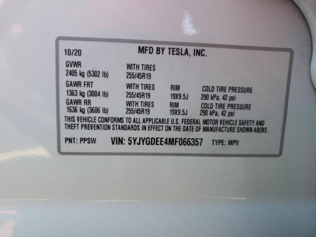 Photo 10 from auction – 2021 TESLA MODEL Y with VIN 5YJYGDEE4MF066357
