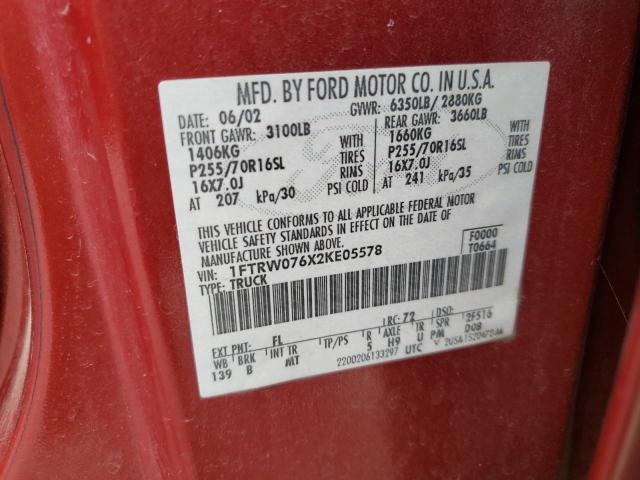 Photo 10 from auction – 2002 FORD F150 SUPER with VIN 1FTRW076X2KE05578