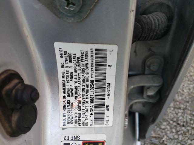 Photo 10 from auction – 2007 HONDA CIVIC EX with VIN 1HGFA16887L102540