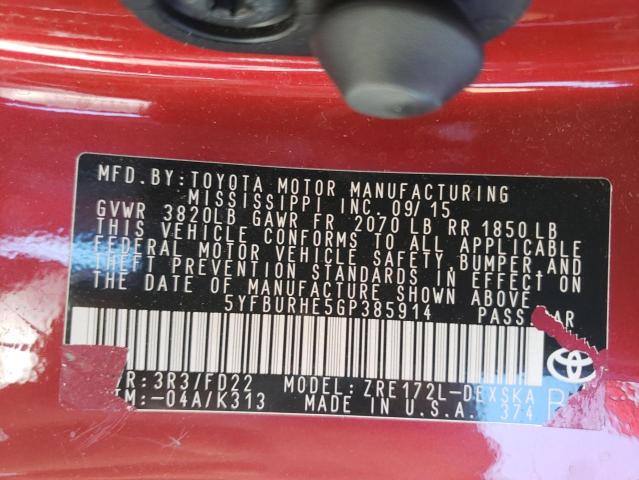 Photo 10 from auction – 2016 TOYOTA COROLLA L with VIN 5YFBURHE5GP385914