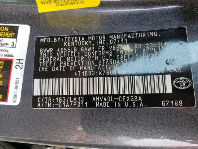 Photo 10 from auction – 2011 TOYOTA CAMRY HYBR with VIN 4T1BB3EK7BU143792
