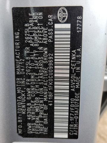 Photo 10 from auction – 2012 TOYOTA CAMRY BASE with VIN 4T1BF1FK0CU099692