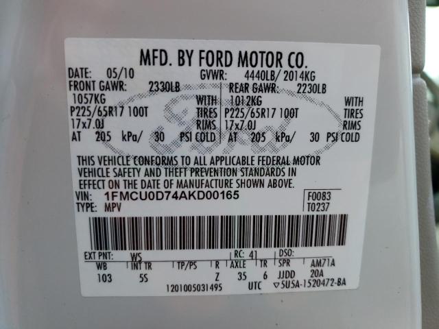 Zdjęcie 10 z aukcji – 2010 FORD ESCAPE XLT z VIN 1FMCU0D74AKD00165