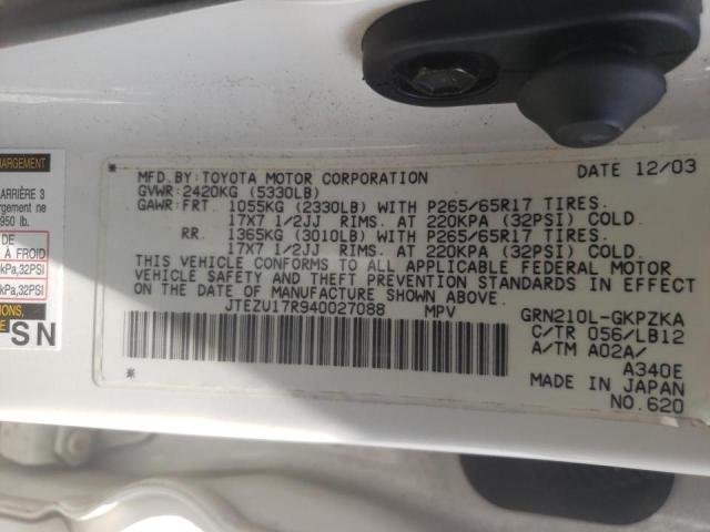 Photo 10 from auction – 2004 TOYOTA 4RUNNER LI with VIN JTEZU17R940027088