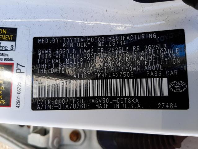 Photo 10 from auction – 2014 TOYOTA CAMRY L with VIN 4T1BF1FK4EU427506