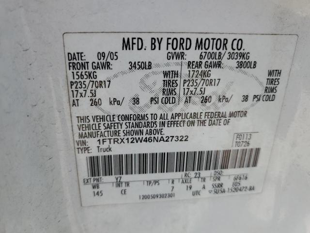 Photo 10 from auction – 2006 FORD F150 with VIN 1FTRX12W46NA27322