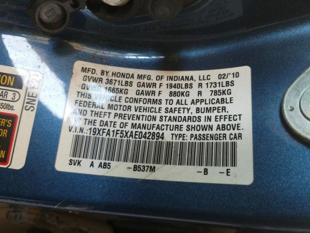 Photo 10 from auction – 2010 HONDA CIVIC LX with VIN 19XFA1F5XAE042894