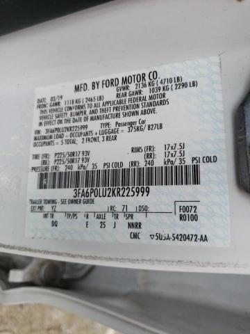 Photo 10 from auction – 2019 FORD FUSION SE with VIN 3FA6P0LU2KR225999