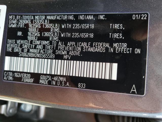 Photo 10 from auction – 2022 TOYOTA HIGHLANDER with VIN 5TDGZRBH2NS565589