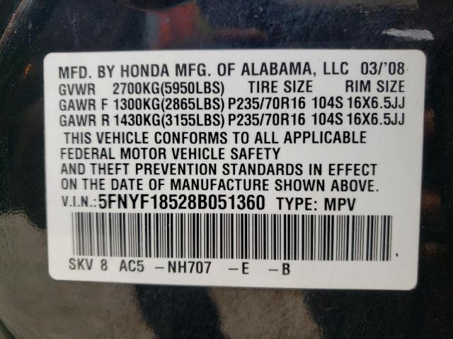 Photo 10 from auction – 2008 HONDA PILOT EXL with VIN 5FNYF18528B051360
