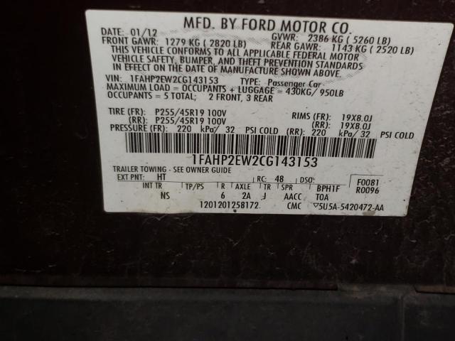 Photo 10 from auction – 2012 FORD TAURUS SEL with VIN 1FAHP2EW2CG143153