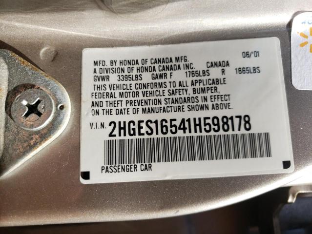 Photo 10 from auction – 2001 HONDA CIVIC LX with VIN 2HGES16541H598178