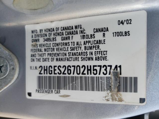 Photo 10 from auction – 2002 HONDA CIVIC EX with VIN 2HGES26702H573741