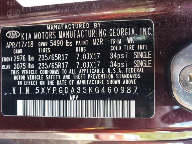 Photo 10 from auction – 2019 KIA SORENTO with VIN 5XYPGDA35KG460987