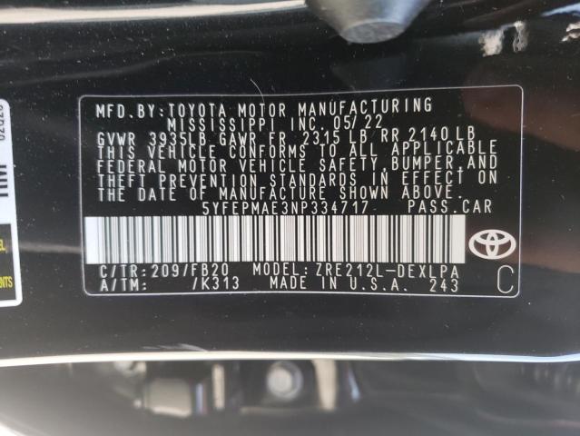 Photo 10 from auction – 2022 TOYOTA COROLLA LE with VIN 5YFEPMAE3NP334717