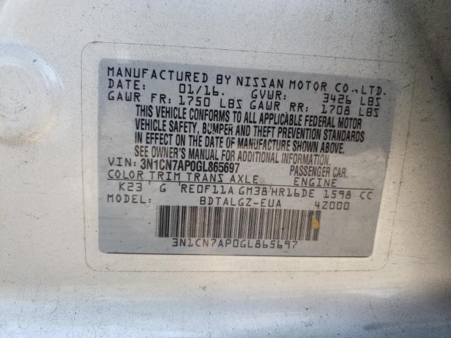 Photo 10 from auction – 2016 NISSAN VERSA S with VIN 3N1CN7AP0GL865697