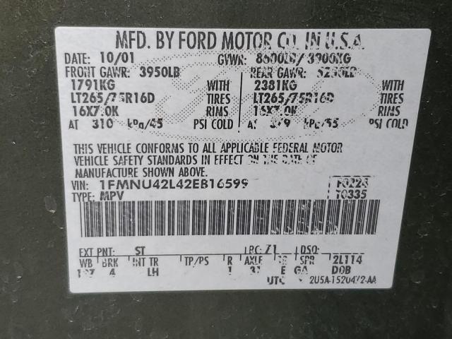 Photo 10 from auction – 2002 FORD EXCURSION with VIN 1FMNU42L42EB16599