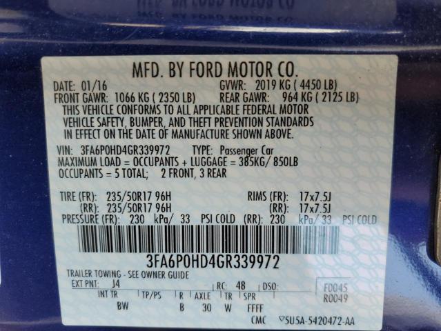 Foto 10 de la subasta – 2016 FORD FUSION SE con VIN 3FA6P0HD4GR339972