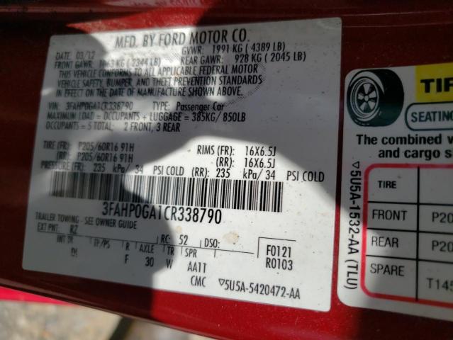 Photo 10 from auction – 2012 FORD FUSION S with VIN 3FAHP0GA1CR338790