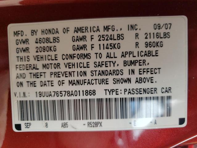 Photo 10 from auction – 2008 ACURA TL TYPE S with VIN 19UUA76578A011868