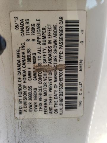 Photo 10 from auction – 2012 HONDA CIVIC HF with VIN 2HGFB2F69CH570012