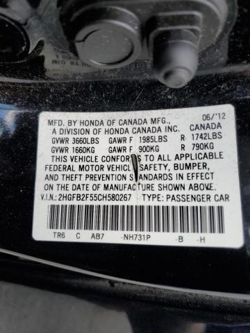 Photo 10 from auction – 2012 HONDA CIVIC LX with VIN 2HGFB2F55CH580267