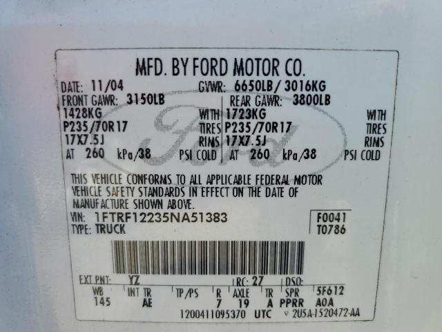 Photo 10 from auction – 2005 FORD F150 with VIN 1FTRF12235NA51383