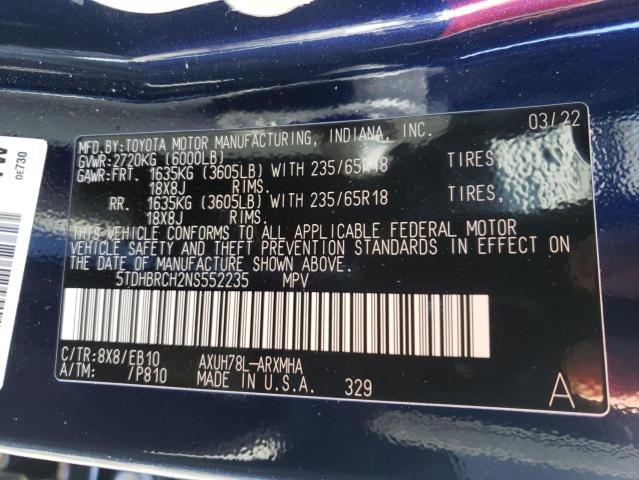 Photo 10 from auction – 2022 TOYOTA HIGHLANDER with VIN 5TDHBRCH2NS552235