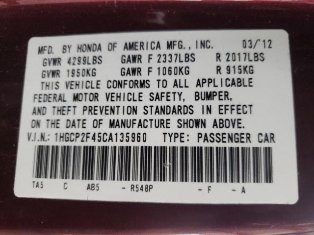 Photo 10 from auction – 2012 HONDA ACCORD LXP with VIN 1HGCP2F45CA135960