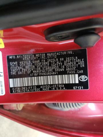 Photo 10 from auction – 2012 TOYOTA CAMRY BASE with VIN 4T1BF1FK9CU604841