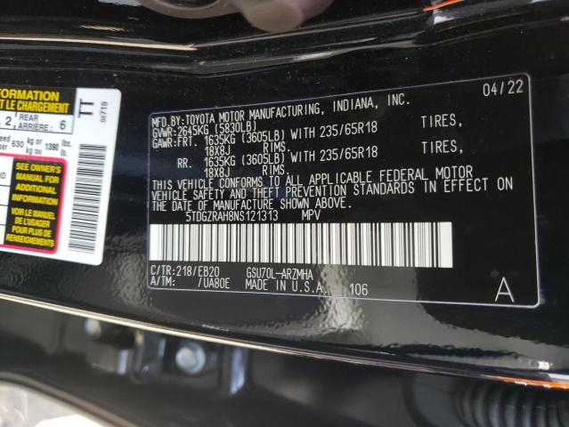 Photo 10 from auction – 2022 TOYOTA HIGHLANDER with VIN 5TDGZRAH8NS121313