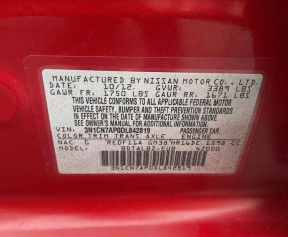 Photo 10 from auction – 2013 NISSAN VERSA S with VIN 3N1CN7AP0DL842819